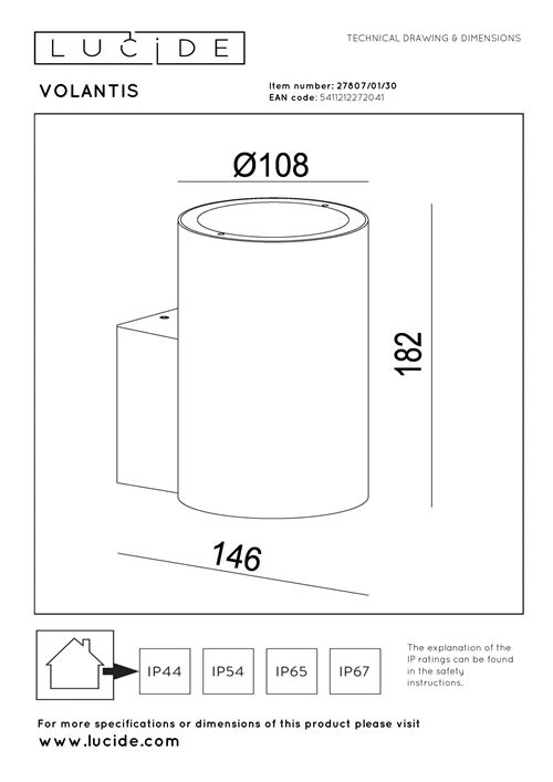 Lucide VOLANTIS - Wandstrahler / Wandleuchte Innen/Außen - 1xE27 - IP54 - Schwarz - technisch